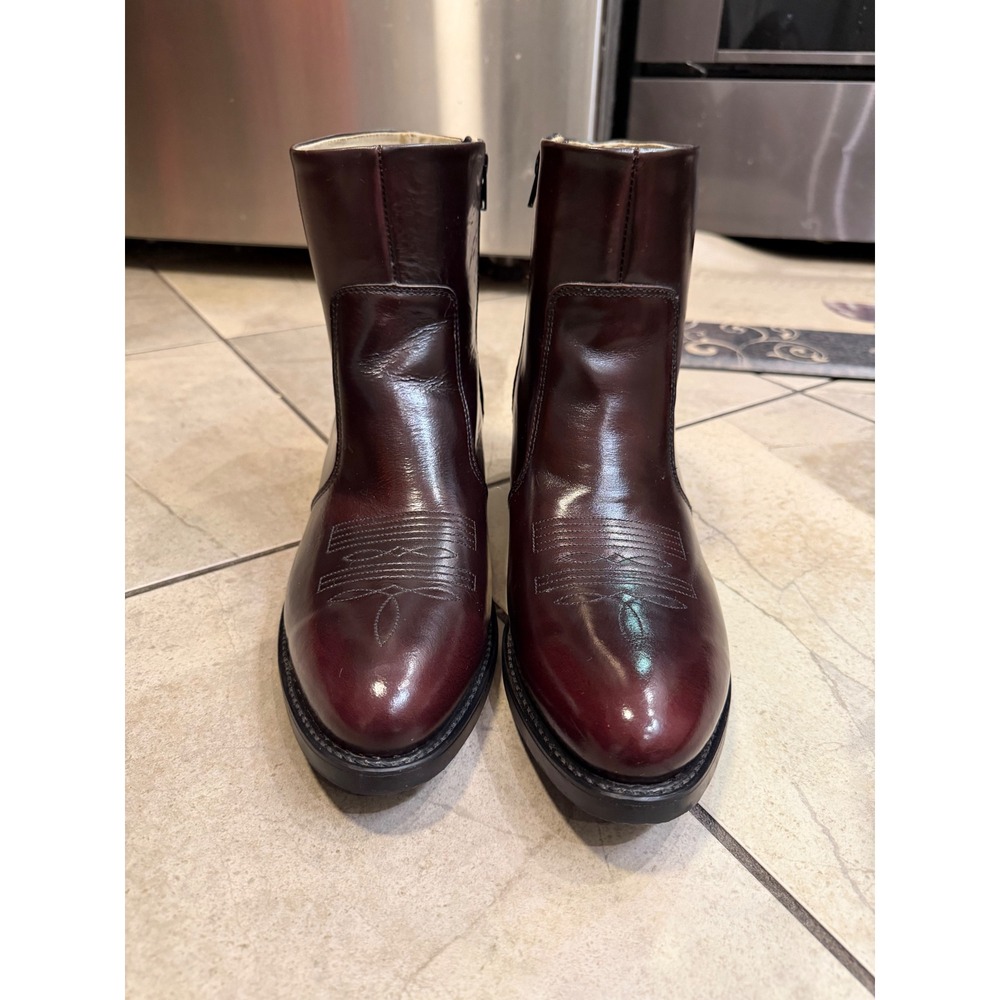 Durango Burgundy Leather Western Ankle Boots Side Zip Cowboy Stitch Almond Toe